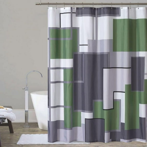 YOSTV Sage Green Modern Geometric Shower Curtain, Sage Green Black White Waterproof Shower Curtain Set for Bathroom Restroom with 12 Metal Hooks, 72 x 72 inch