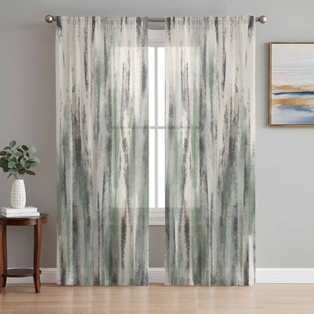 Sage Green Vintage Sheer Curtains 96 Inch Length 2 Panels Set Stripes Painting Retro Abstract Art Voile Window Treatment Semi Sheer Long Curtains Drapes for Bedroom/Living Room/Kitchen 52 x96 x2