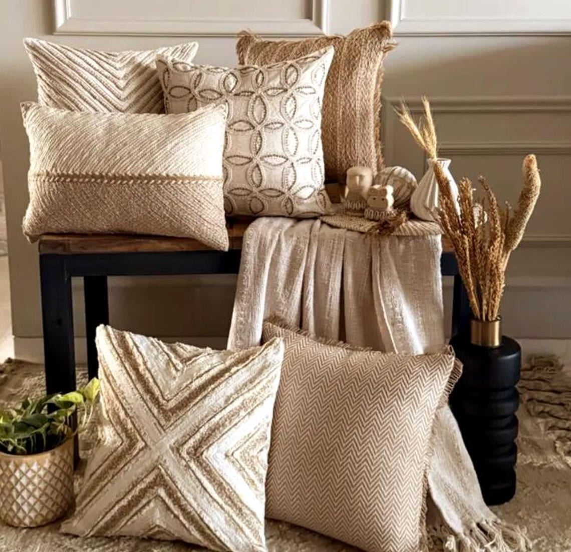 The HomeCentric Decorative Beige 14"x14" (35x35 cm) Throw Pillows, Linen Lace & Jute Throw Pillows For Couch, Geometric Pattern Modern Style - Jutee Love