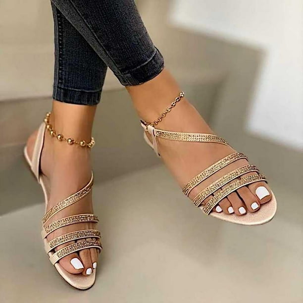 Sandalias de diamantes de imitación Zapatos de mujer Sandalias planas de playa y pantuflas Mujer Wmkox8yii nm3433