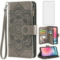 thumbnail image 5 of Compatible with Samsung Galaxy A24 4G/5G Wallet Phone Case and Tempered Glass Screen Protector Flower Faux Leather Flip Credit Card Holder Stand Zipper Cell Cover for A 24 24A Lte Women Grey, 5 of 8