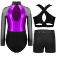 thumbnail image 4 of Aiihoo Kids Girls Gymnastics Ballet Dance Mesh Long Sleeve Shiny Rhinestones Leotard with Vest Shorts for Training Performance Purple 16, 4 of 5