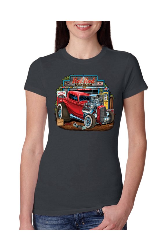 , Vintage Hot Rod Old Garage Cars and Trucks Womens Slim Fit Junior Tee, Dark Grey, Medium