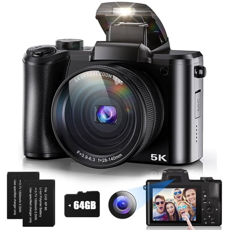 ACTITOP Digital Camera for Photography 5K 64MP Vlogging Camera for YouTube 5X Optical Zoom Front and Rear Dual Cameras with 64GB Card and 3.2"IPS Touchscreen