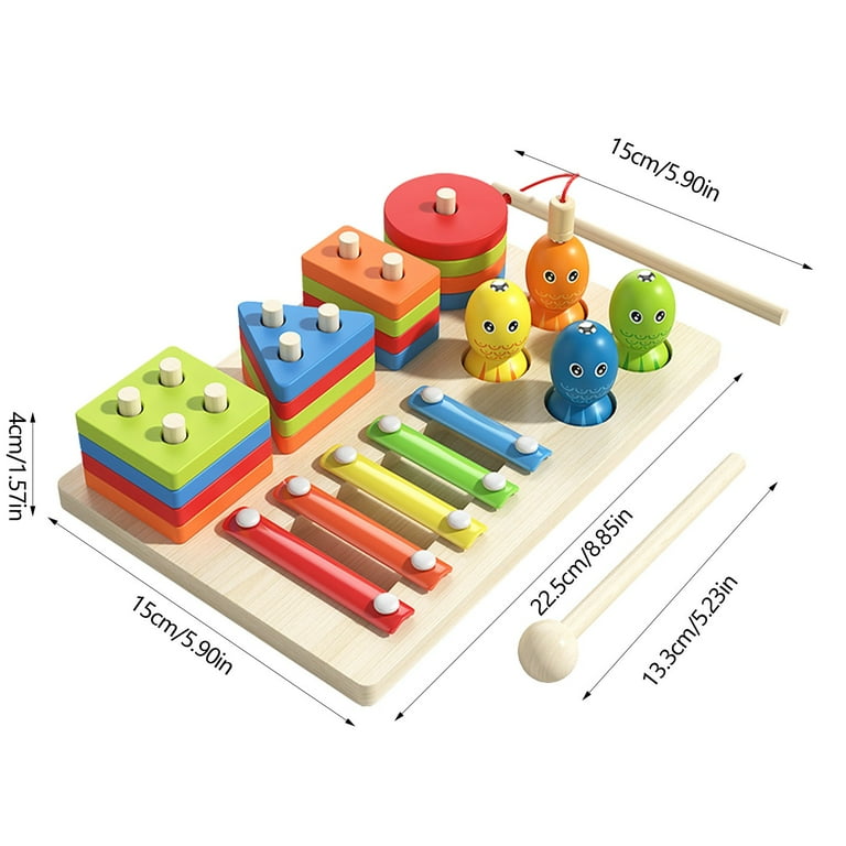 4-in-1 Wooden Montessori Activity Board For Toddlers - Magnetic Fishing, Shape Sorter & Xylophone