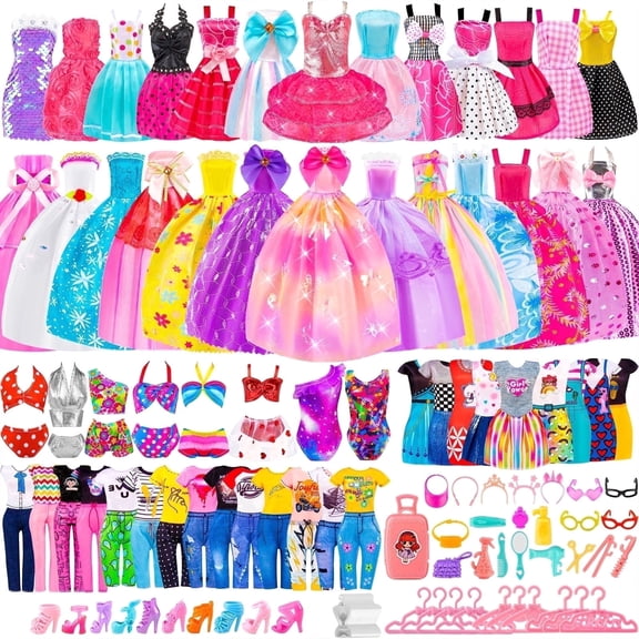 LXUNLN 110PCS Fashion Doll Clothes and Accessories Set for 11.5 Inch Dolls, Dresses, Shoes and Hangers, Doll Wardrobe Dress Up Set for Girls Ages 3 