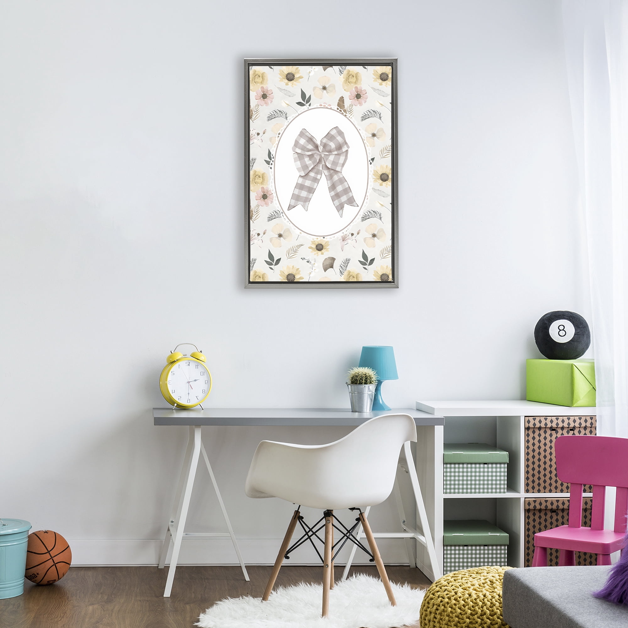 Stupell Industries Sunnyside Bow in Gingham Gray Framed Floater Canvas Wall Art, design by Ink Drop Loft