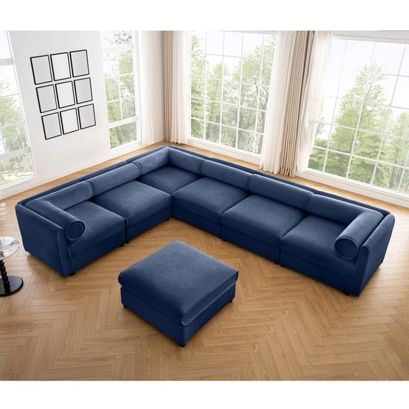 Large Modular Sectional Sofa Sectional Couch with Storage Chenille Sectional Sofa for Living Room, Cylindrical Backrest and Armrests 6 Seats (Blue)