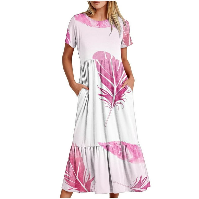 Robe d'Été pour Femmes 2024 Mode Grande Taille Manches Courtes Col Rond Ample Dégradé Couleur Longue Robe 50 % de Réduction Liquidation!