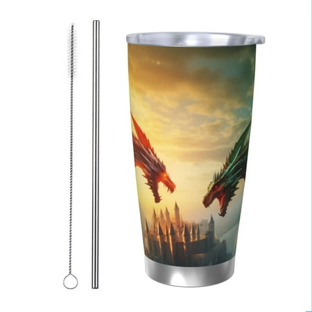 

Zeuib Castle Red Green Sky Dragon Printed 20oz Stainless Steel Insulated Car Cup Stainless Steel Thermal Cup Vacuum Insulated Leak-proof Travel Mug Cup-Straw Two-piece Set