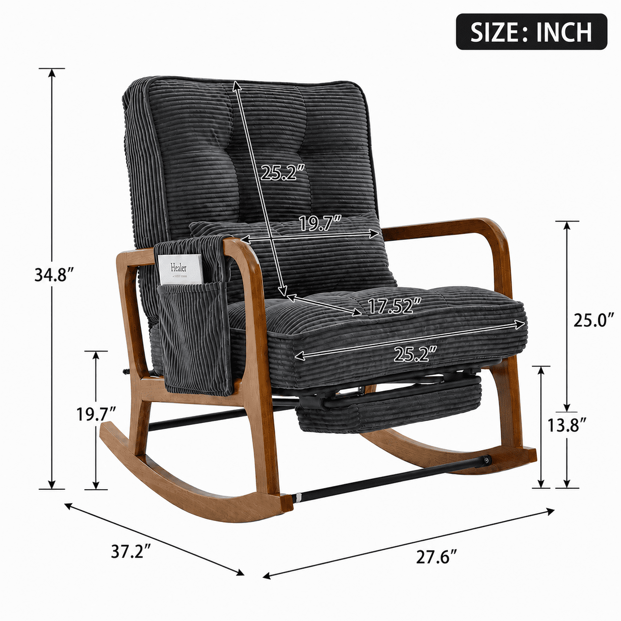 MOONMISS Rocking Chair with Footrest,Rocker Nursery Chair with Side Pocket,Glider Rocker,Accent Reading Chair for Living Room,Dark Gray