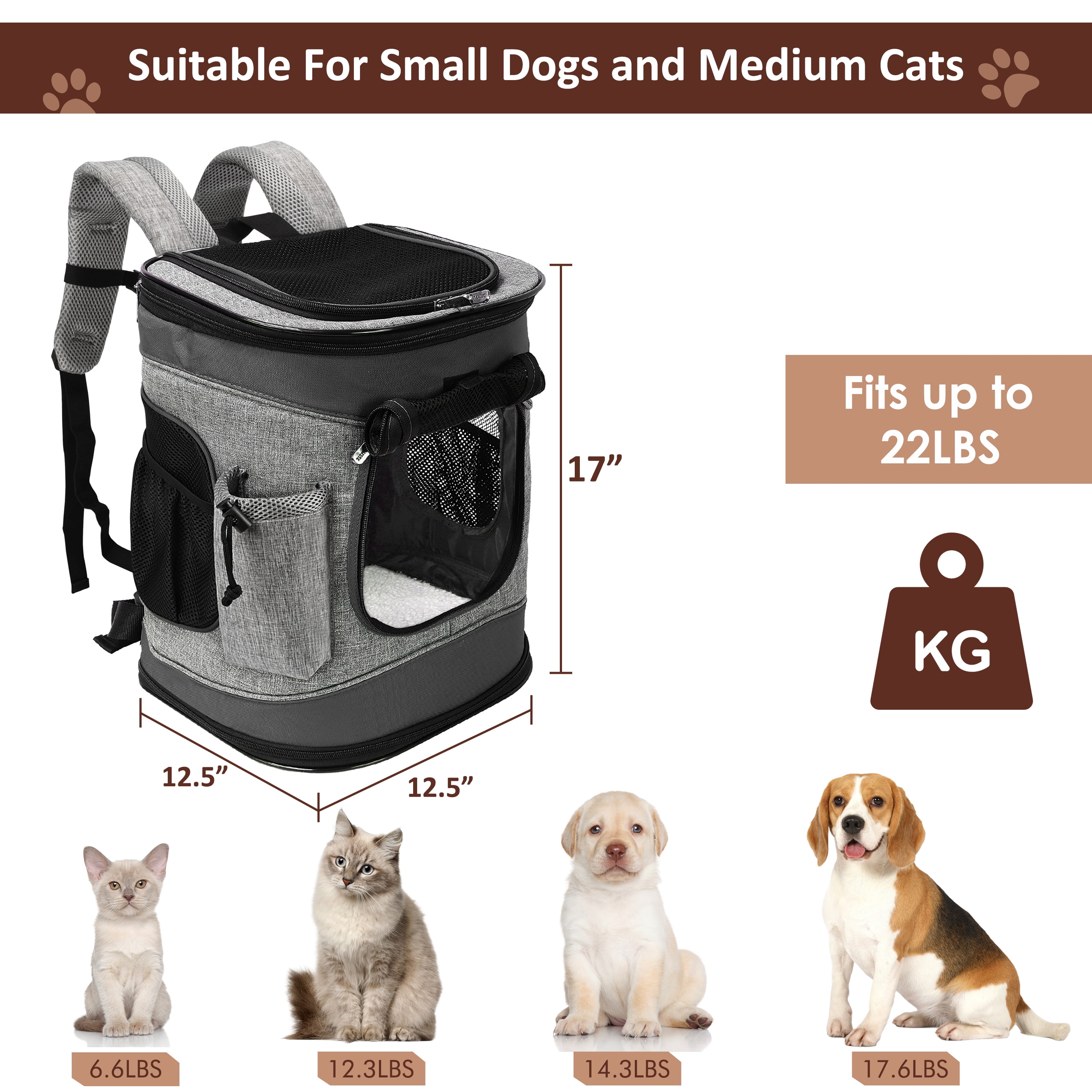 Medium Pet Travel Backpack Carrier for Dogs Cat Animal Puppy, Breathable Mesh Net Removable Sherpa Bed Outdoor Carrier f