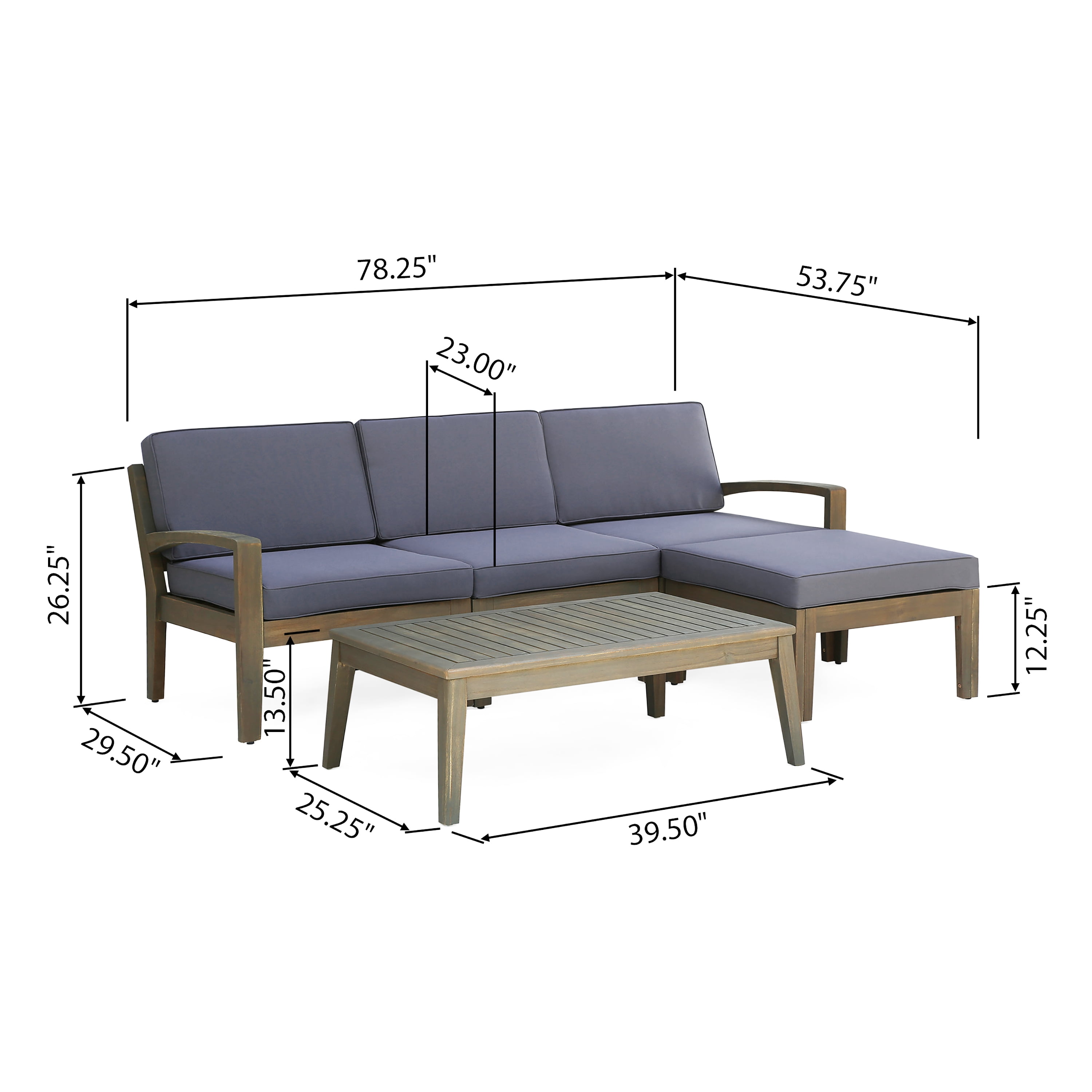5-Piece Modular Outdoor L-Shape Sofa Set with Coffee Table & Ottoman, Acacia Wood, Gray Water-Resistant Fabric