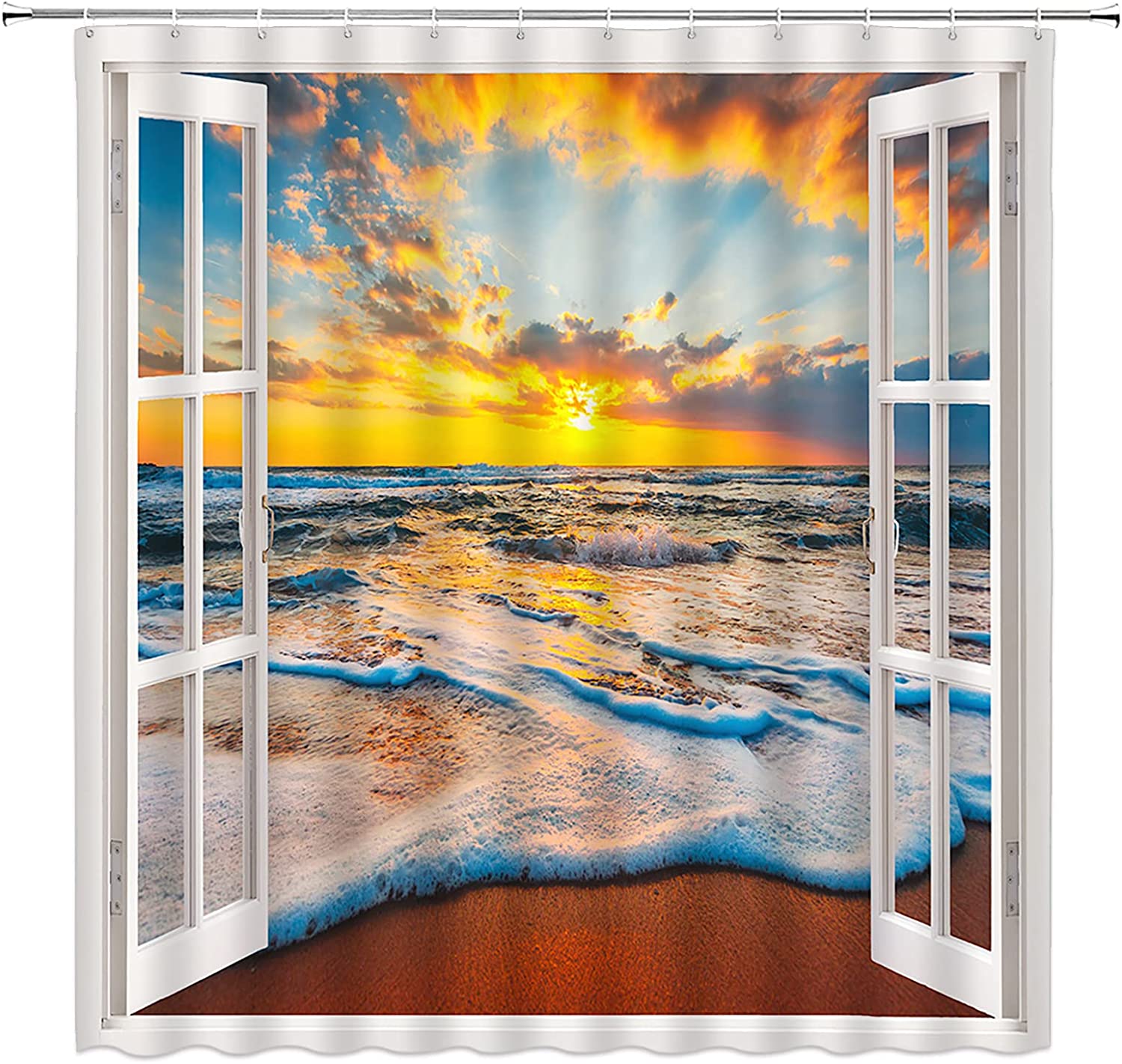 Ocean Sunset Shower Curtain Blue Orange Beach Sky Tropical Hawaii Palm