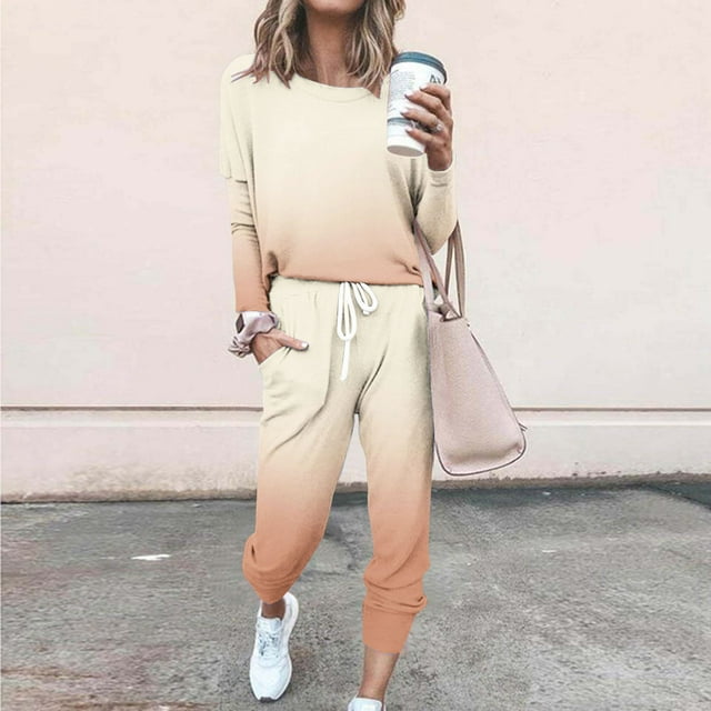 Puntoco Traje Casual Con Cordón Y Cuello Redondo De Manga Larga Con Estampado Degradado Suelto A La Moda Para Mujer Rosa M