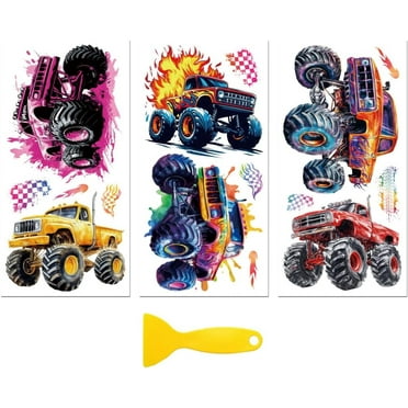 Rub on Transfer Decal Sticker for Furniture Craft Decor 6"x12" Monster Truck with Scraper 3Pcs Waterproof UV DTF Transfer for Drawer Dresser Glass Porcelain Wood Plastic Window