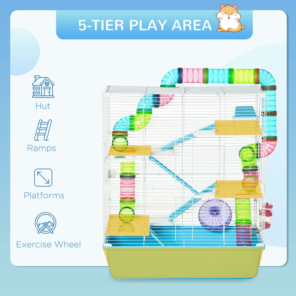 Resenkos Extra Large 23" Hamster Cage with Tubes and Tunnels, Portable Carry Handles, Rat House and Habitats Big 5-Tier Design, Mouse Cage Includes Exercise Wheel, Water Bottle, Food Dish, Light Blue