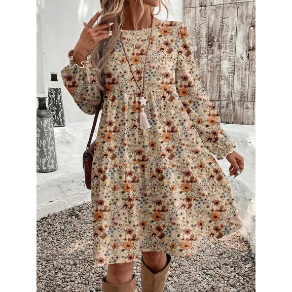 Women's Round Neck Long Sleeve Midi Dress Loose Fit Floral Casual Fall Winter