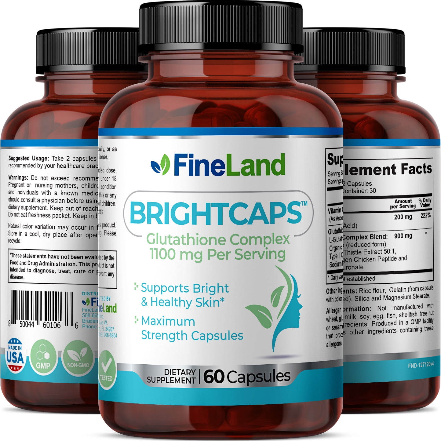 Fineland Vitamins Brightcaps Glutathione Complex Antioxidant Support 60 Capsules