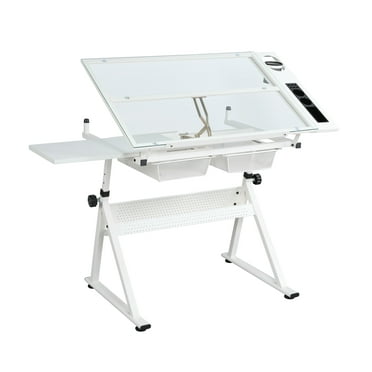 Funnil Drafting Table with Stool and 2 Drawers for Home Office Height Adjustable 31.5"-49.5",White