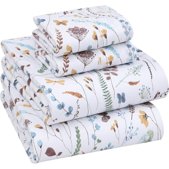 King Size Sheet Set, 100% Cotton Percale 4-Piece Bedding, Soft & Breathable Deep Pocket 16" Hotel Style Cooling Sheets, Classic Fern Floral Design