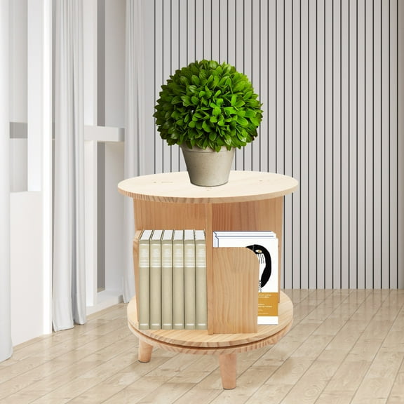 Loyalheartdy 360° Rotating Display Bookshelf Freestanding Cylindrical Pine Wood Storage Rack Organizer Bookcase for Kids&Adults
