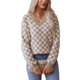 thumbnail image 2 of Women'S Cropped Plaid Sweater V-Neck Long Sleeve Crop Sweater Pullover Jumper Knit Top Khaki XL, 2 of 9