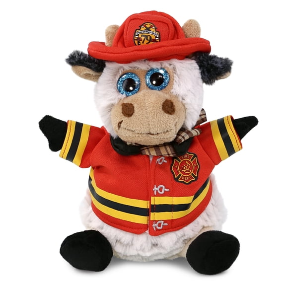 DolliBu Sitting Cow Firefighter Stuffed Animal - Super Soft Cow Fireman Toy with Red Fireman Costume Outfit and Fireman Hat, Cute Farm Life Animal Fire Fighter Doll Plush Toy for Kids - 7 Inch