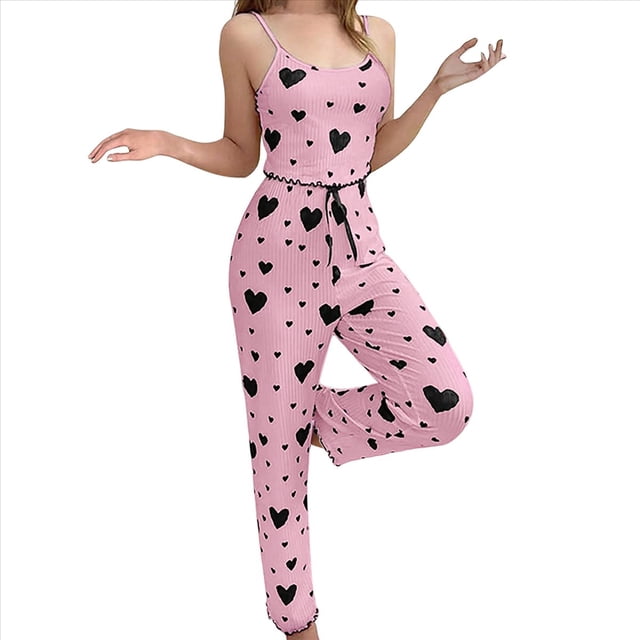 Pijama de Dos Piezas con Top Corto con Estampado de Corazones y Pantalones Anchos para Mujer. Ropa de Dormir para Estar en Casa. Amor Negro y Rosa XXL