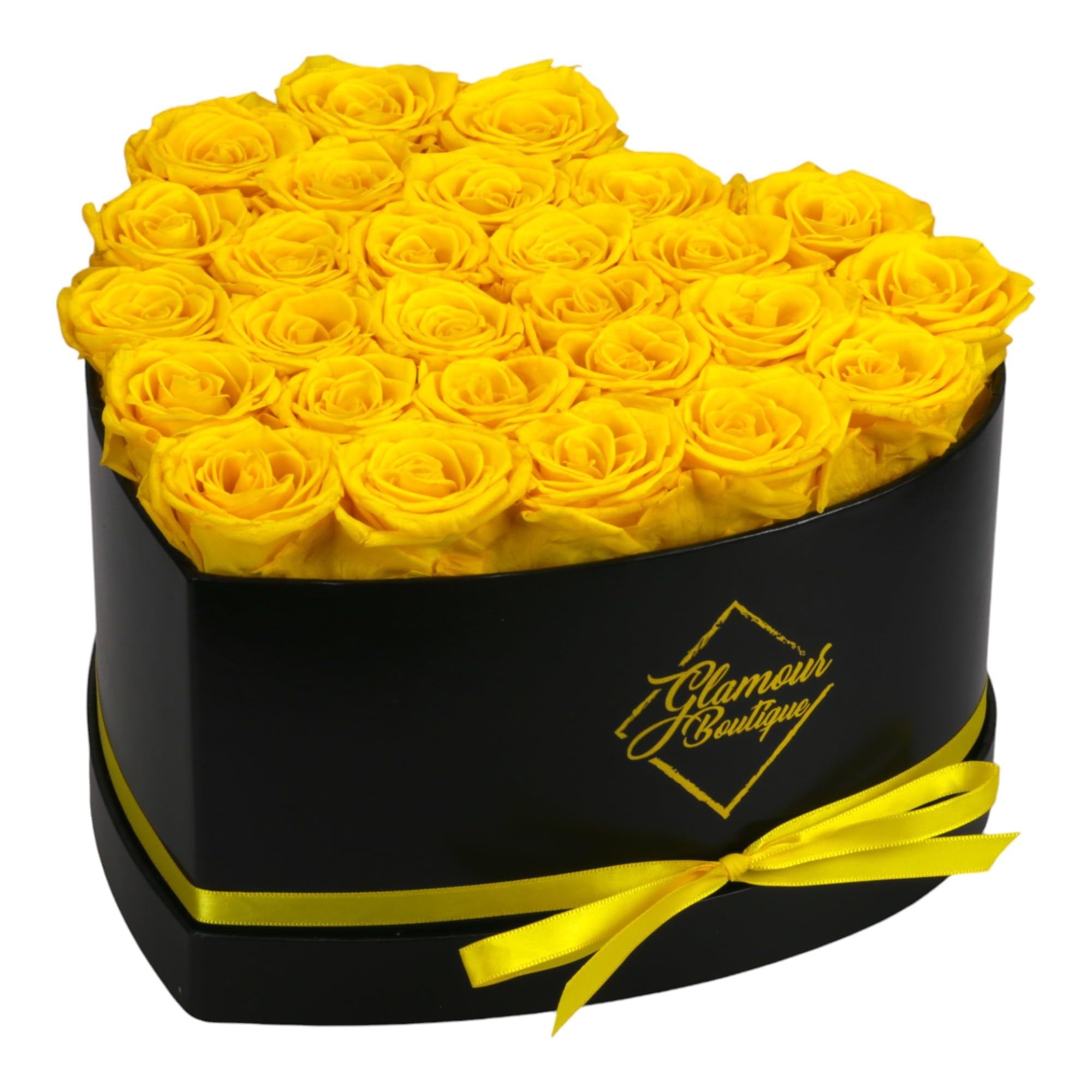 GLAMOUR BOUTIQUE 27-Piece Forever Flowers Heart Shape Box - Preserved Roses, Immortal Roses That Last A Year - Eternal Rose Preserved Flowers for Delivery Prime Mothers Day & Valentines Day - Yellow