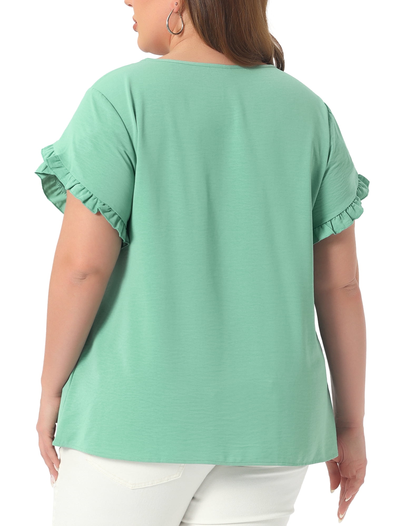 DARING DIVA Women's Plus Crew Neck Ruffle Blouse 3X Light Green