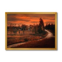 Designart 'The Road By The Farm In Dark Pink Sunset' Farmhouse Framed Art Print