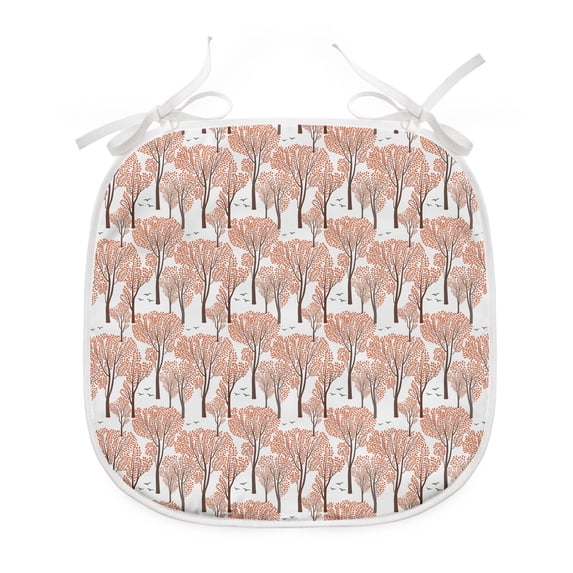 Autumn Dining Chair Pad, Fall Nature Woodland Pattern Trees with Orange Leaves and Forest Birds, Water Resistant Pillow with Straps for Seats, 6 Pieces Set, Umber Taupe Dark Orange, by Ambesonne