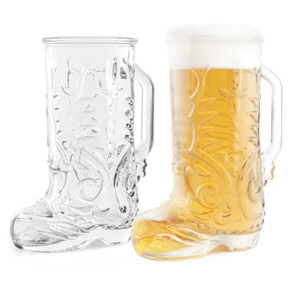 Final Touch Wild West Boot Beer Glass, Set of 2 - Unique Drinking Cups with Handle - Thick Lead-Free Glass, 22 oz Capacity, Rustic Barware Gift Box Included for Cocktails & Beverages