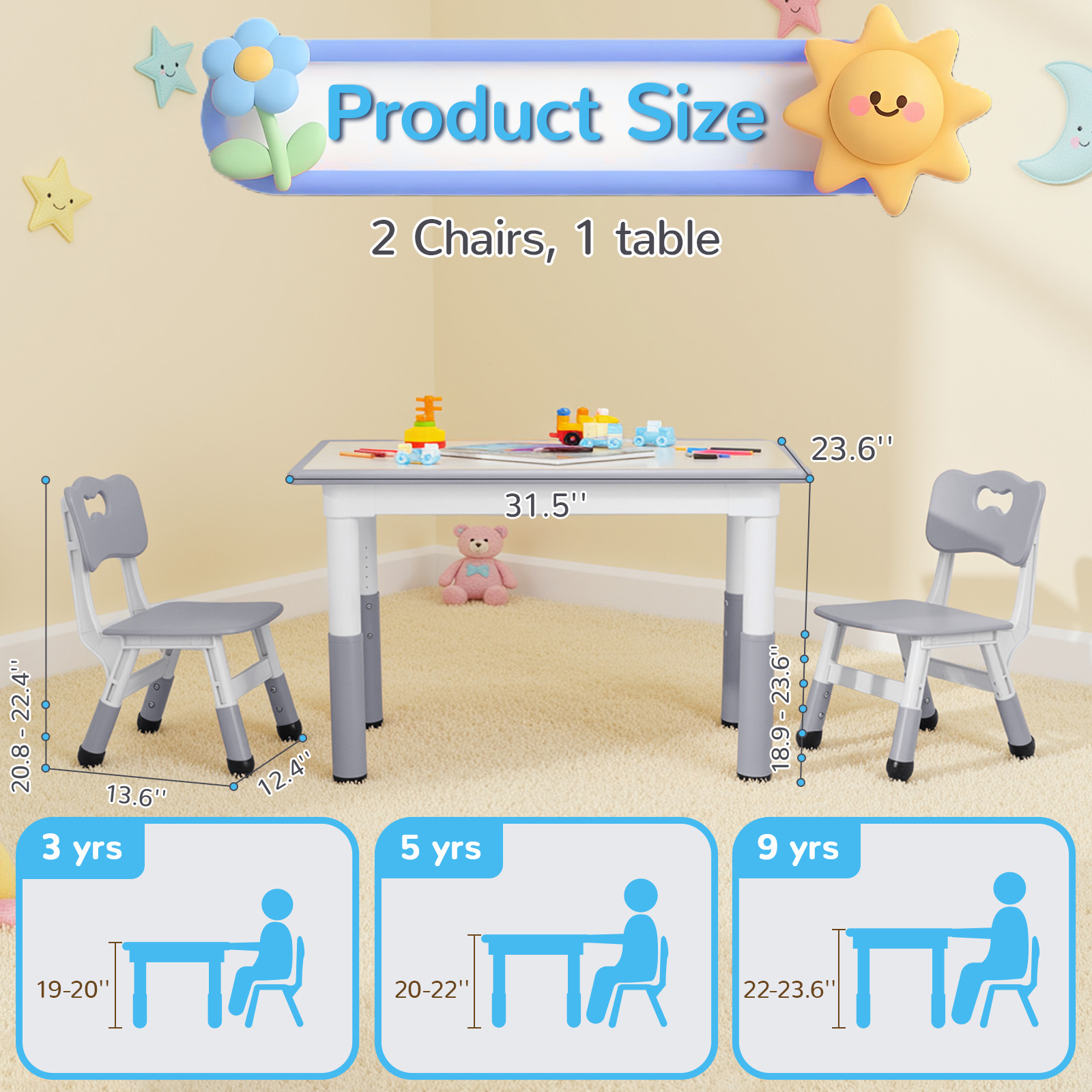 Arlopu Kids Table and 2 Chairs Set, Height-Adjustable Toddler Table and Chairs Set w/ Graffiti Desktop for Reading & Drawing, Children Activity Table w/ Non-Slip Legs for Daycare,Classroom,Preschoo
