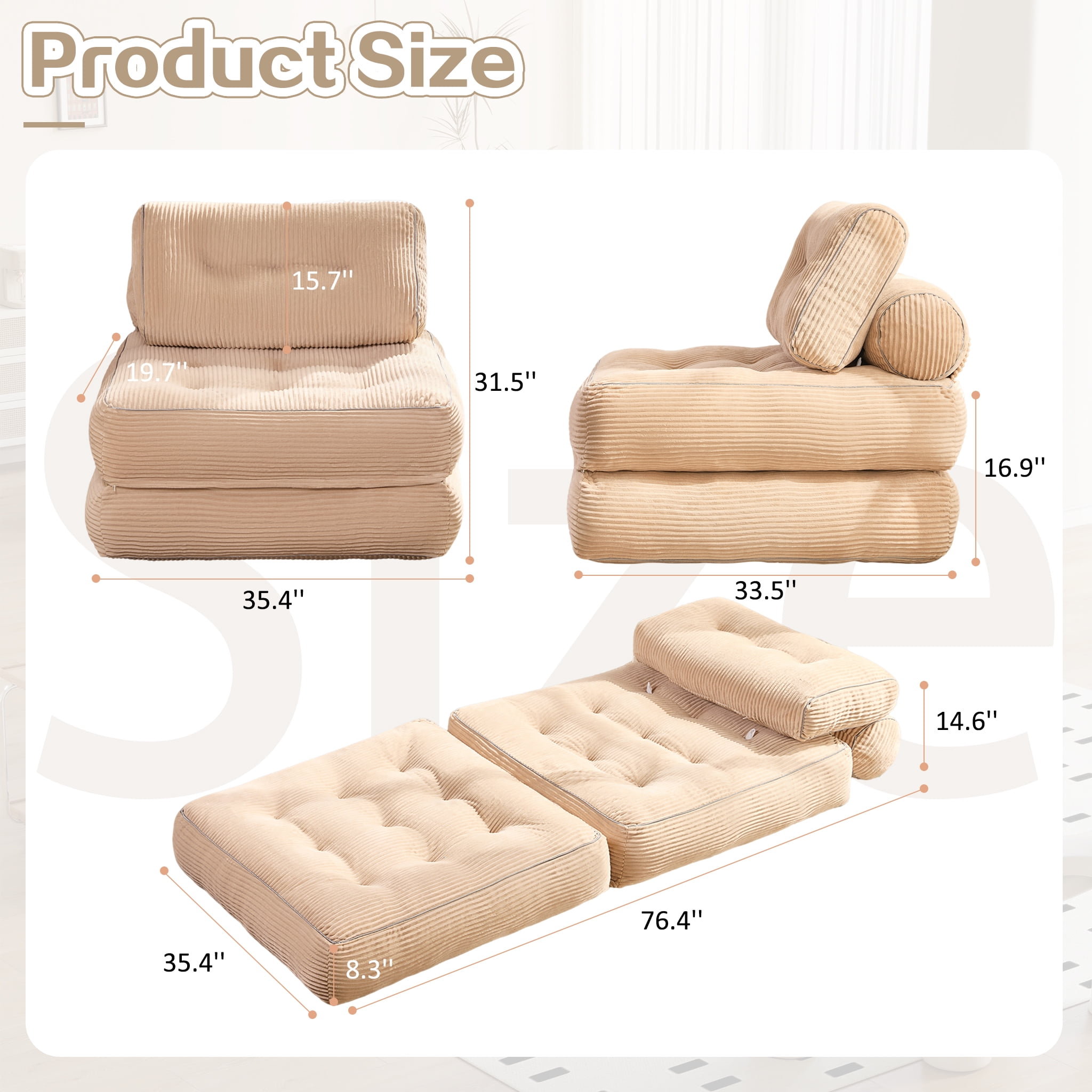 LAKPS Convertible Floor Sofa Bed, Corduroy Modular Lounge Chair with Backrest & Pillow, Folding Tatami Sofa Sleeper for Living Room, Bedroom, Dorm, Camel