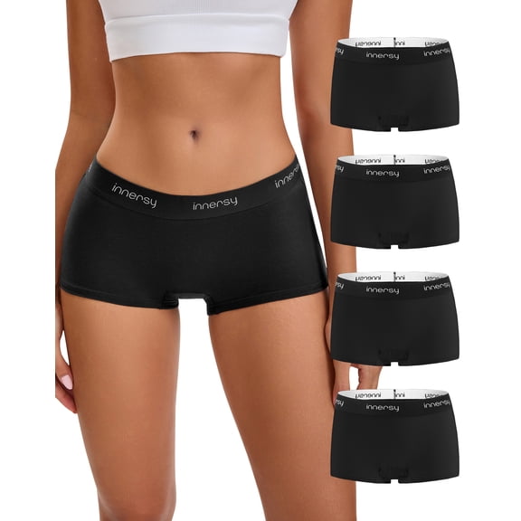 INNERSY Women's Cotton Boyshort Underwear Full Coverage Mid Rise Panties 4 Pack(L,Black)