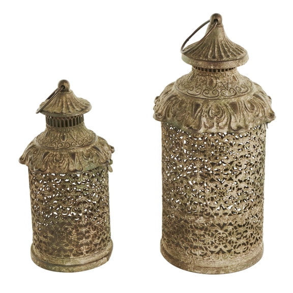 DecMode 2 Holder Brown Metal Scroll Distressed Vintage Inspired Ornate Candle Lantern, Set of 2