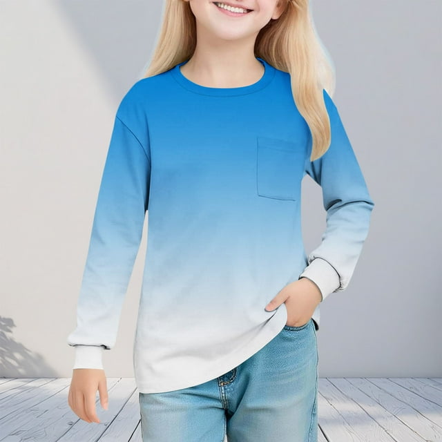hengsof Children's Casual Long Sleeve T Shirts Kids Loose Soft Shirts with Pocket Contrast Tops