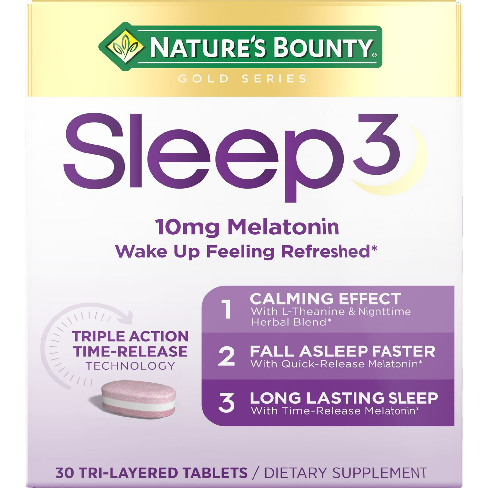 Nature's Bounty Sleep3 Melatonin, Maximum Strength Drug Free Sleep Aid, Tri-Layered Tablets, 10 Mg, 30 Ct