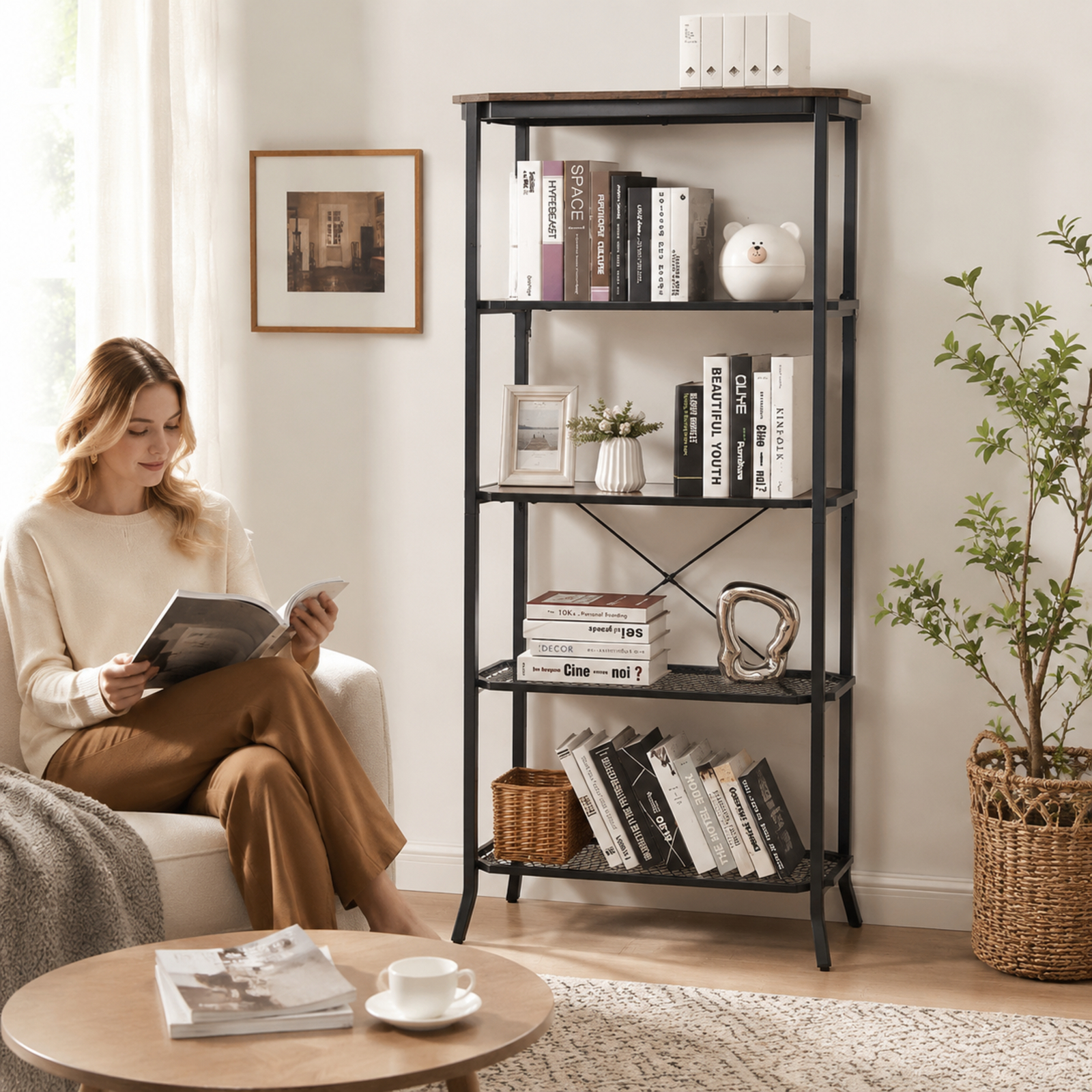 Furnibear Industrial 5-Layer Bookshelf with Out-Stretched Legs for Living Room Home Office Bedroom Display Storage Shelf, Rustic Brown
