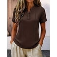 thumbnail image 4 of Henley Shirts for Women Contrast Stitching Short Sleeve Blouse Button Down Stand Collar Tunic Tops Brown XXL, 4 of 6