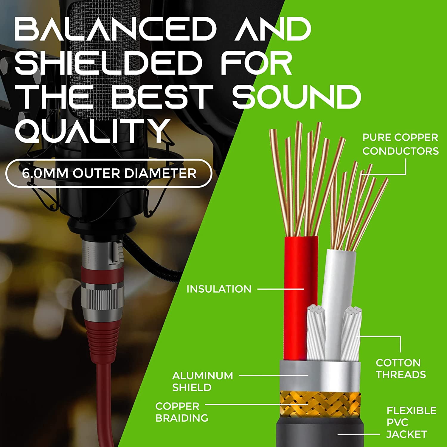 GearIT 3-Pin Male to Female XLR to XLR Microphone Cable, Multicolor 10 ft 6-Pack