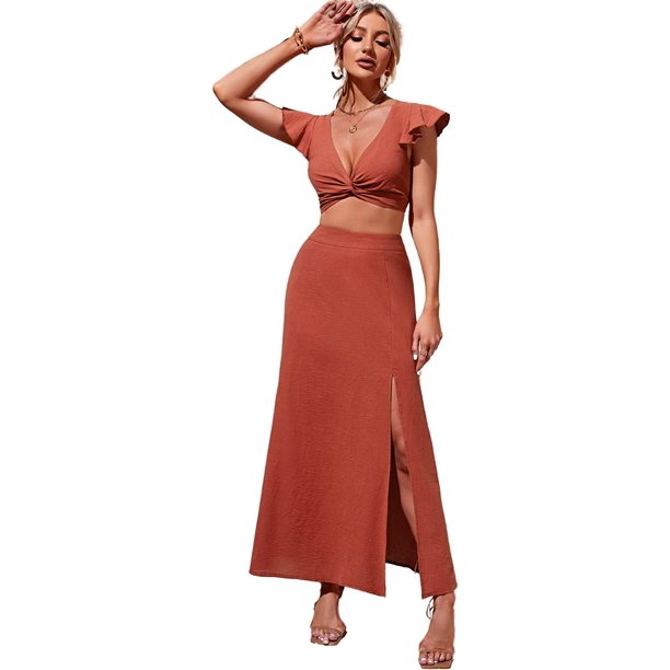 Conjunto de 2 piezas de blusa corta con cuello profundo y volantes para mujer Secoya Split Muslo M Secoya Split Muslo M Xishao ropa