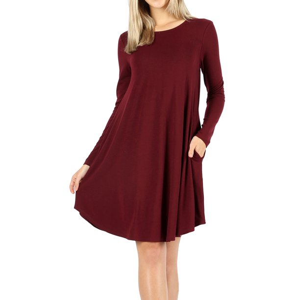 Zenana Women Long Sleeve Round Neck ALine Pleated Knee Length Tunic