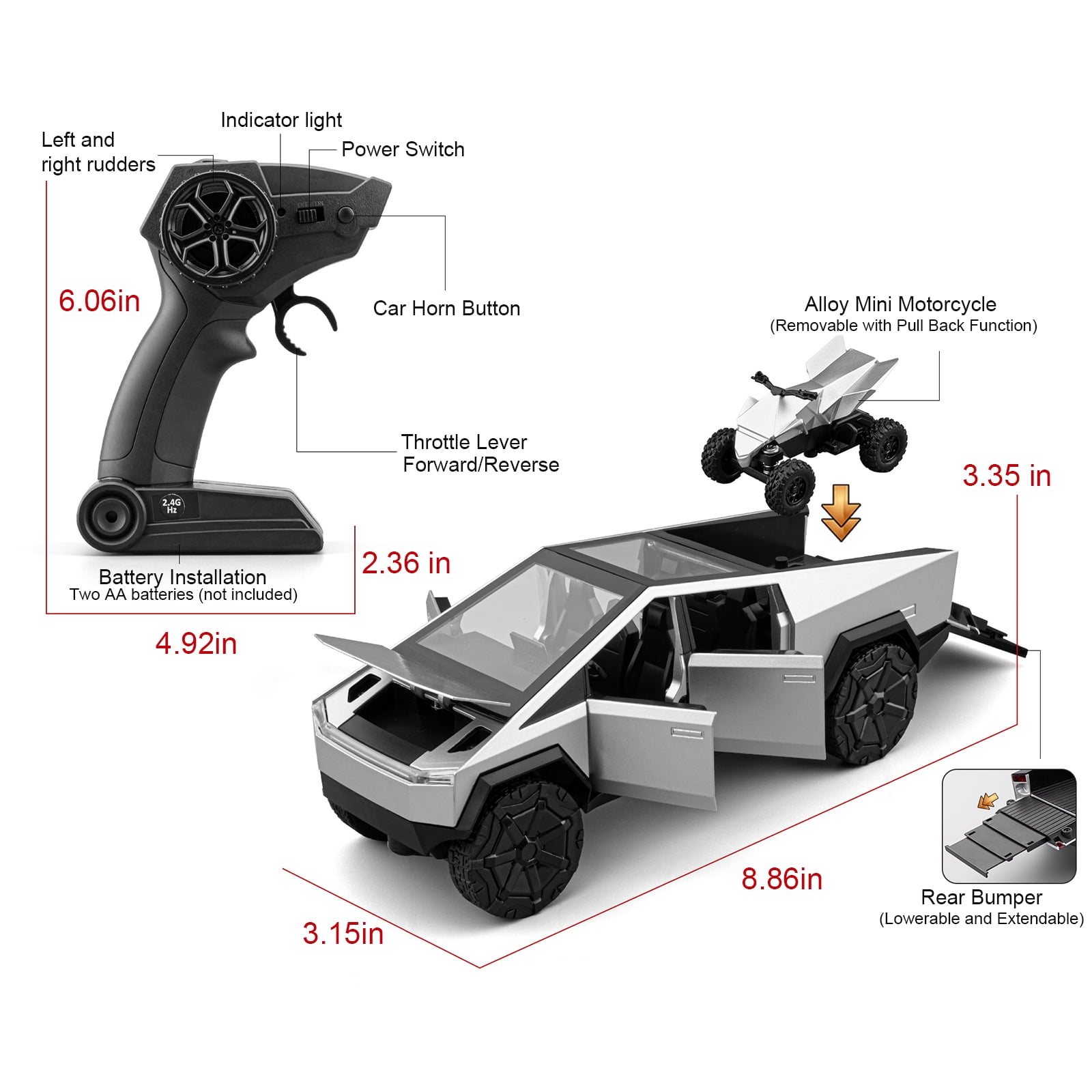 BDTCTK 1:24 RC Radio Control Cybertruck Pickup Truck Remote Control Car Toy for Kids, 2.4GHz Sound and Light Model Car, Die-casting Alloy Vehicle Collection Gift Silver