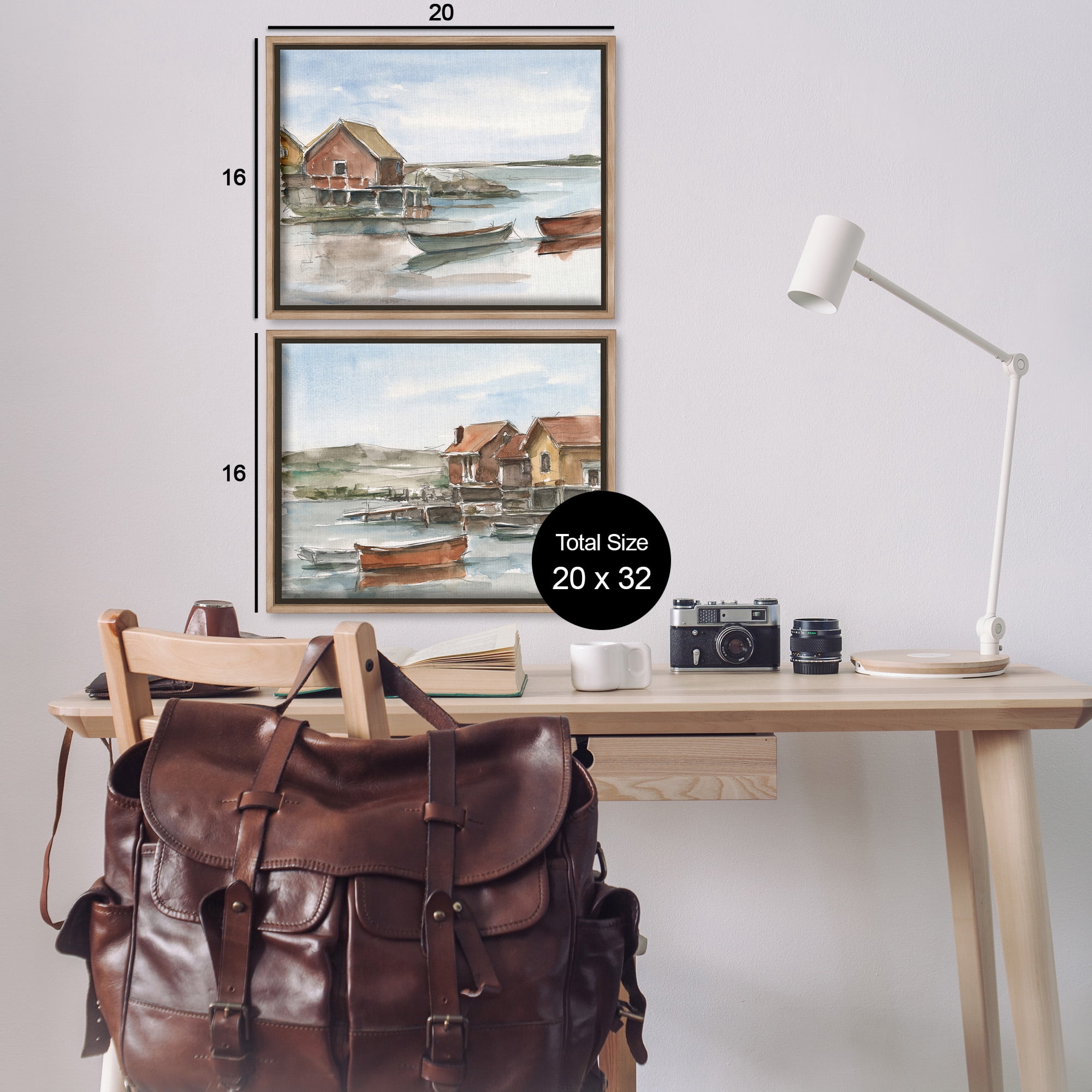 Stupell Industries Coastal Shack Landscape Landscape Painting Brown Floater Framed Canvas Art Print Wall Art, 21 x 17, Set of 2