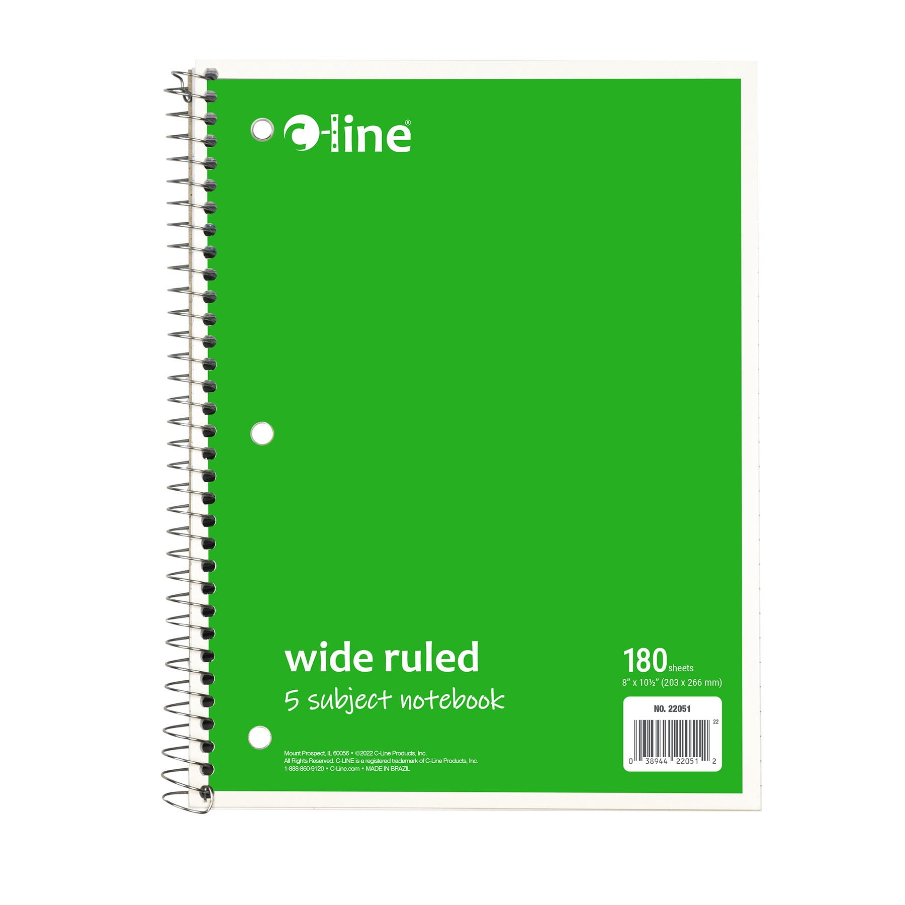 C-Line 5-Subject Notebook, Wide Ruled, 180 Sheets, Assorted Colors, Pack of 3
