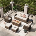thumbnail image 2 of MEISSALIVVE 7-Piece Outdoor Wicker Patio Furniture Set, Swivel Rocker Chairs, 3-Seat Sofa, Ottomans, and Coffee Table, Beige, 2 of 9