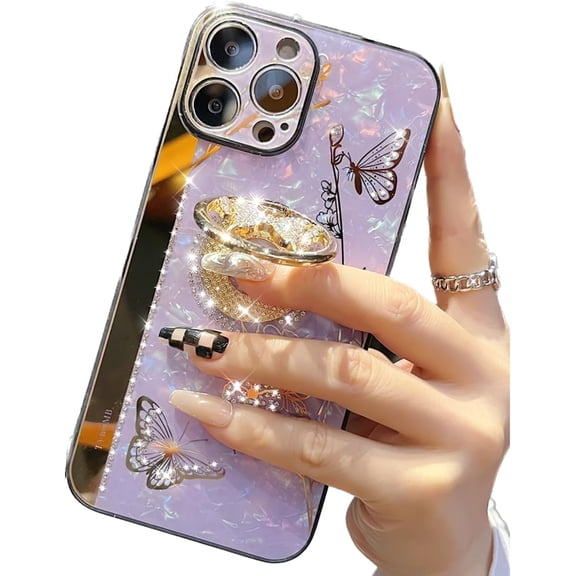 for iPhone 16 Pro Case with Kickstand, Cute Marble Glitter Bling Shiny Diamond 3D Butterfly Floral Ring Stand Hard Shockproof Elegant Girly Women Phone Cover for iPhone 16 Pro 6.3" (Purple)